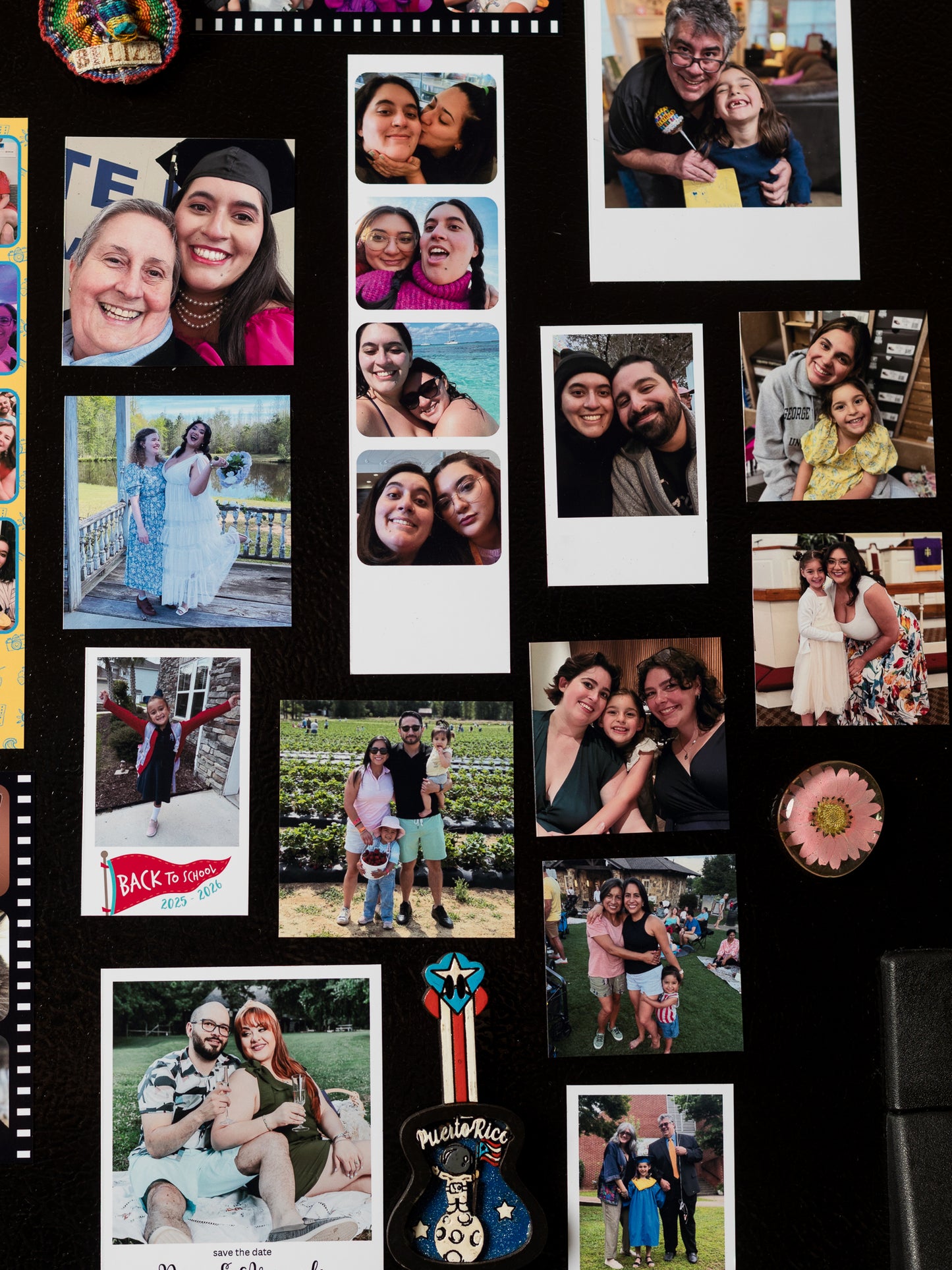 Collage of family photo magnets on a black background with decorative elements.