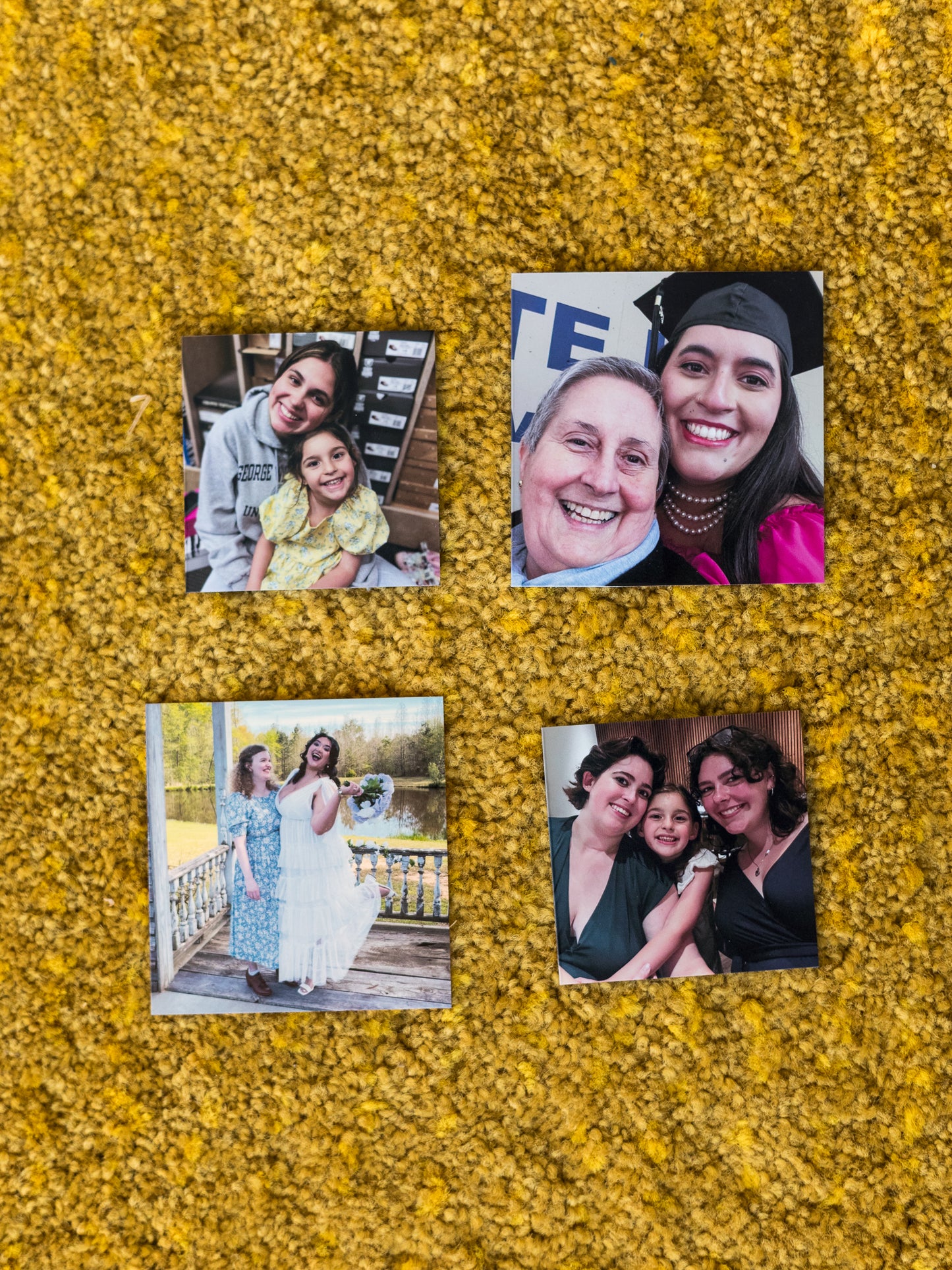 Four custom square photo magnet prints of women and children on a textured yellow surface.
