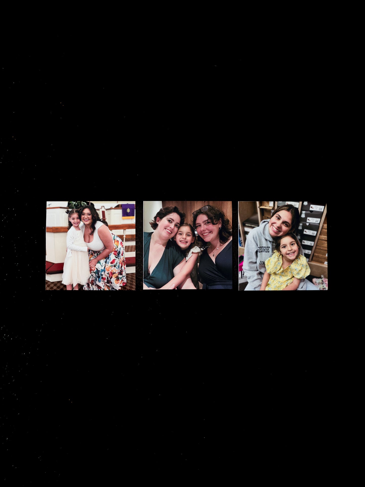 Three custom photo square 2x2 magnets of family photos side by side on a black background.