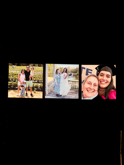 Custom square 3x3 photo magnets in a photo collage with family and graduation images on a black background.